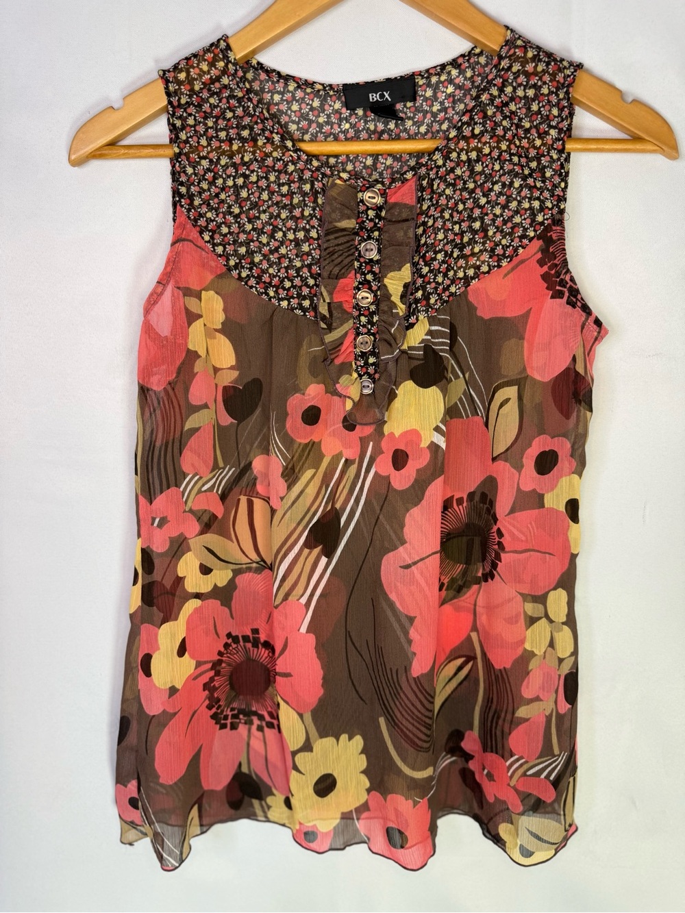 BCX - Lightweight Brown Floral Sleeveless Top Coral & Yellow Accents - Size S